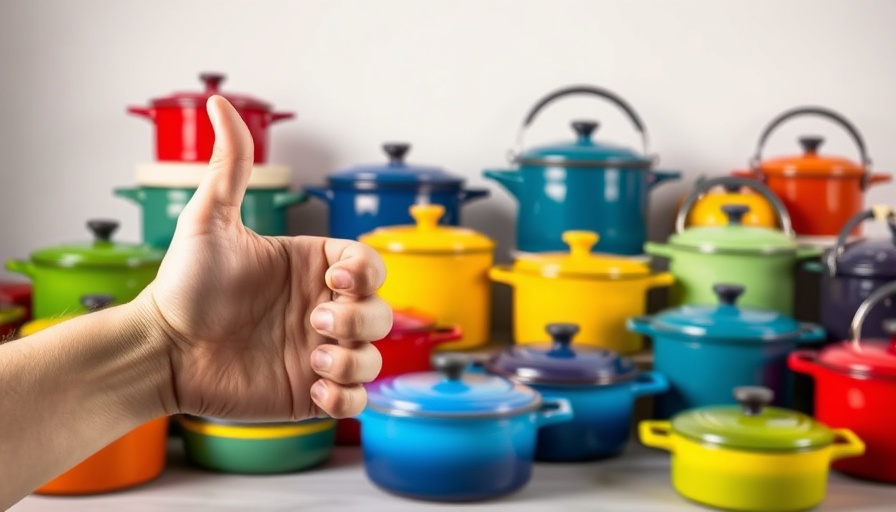 Le Creuset cookware trends depicted with diverse colorful pots and a thumbs down gesture.