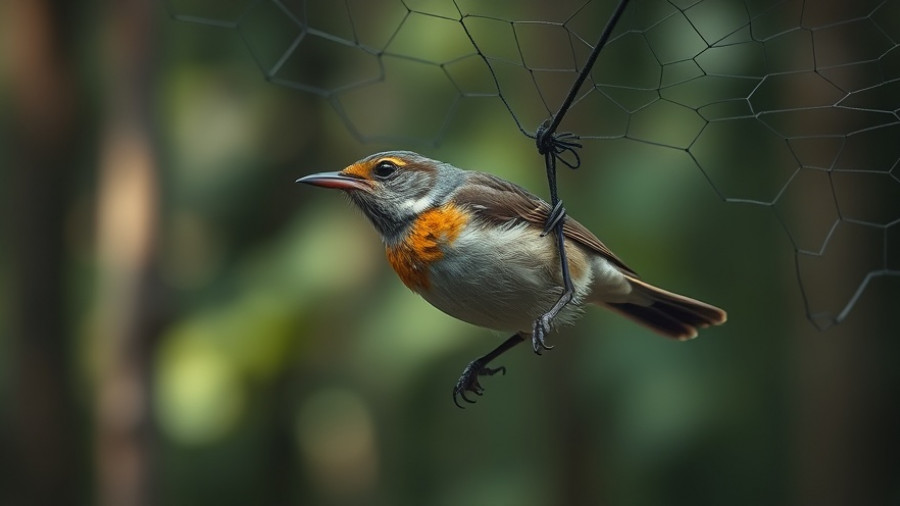 Trapped songbird in net highlighting Cyprus songbirds slaughter.
