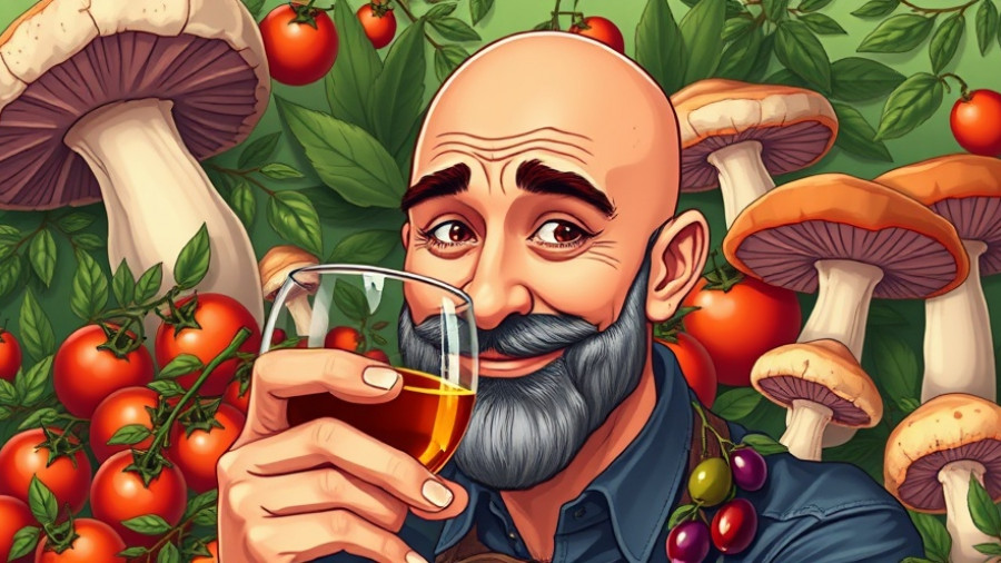 Artistic portrait with culinary elements representing Tom Colicchio's culinary philosophy.