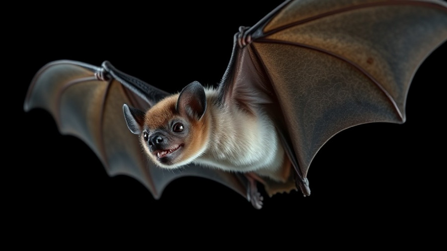 Close-up of a bat in mid-flight against dark background.