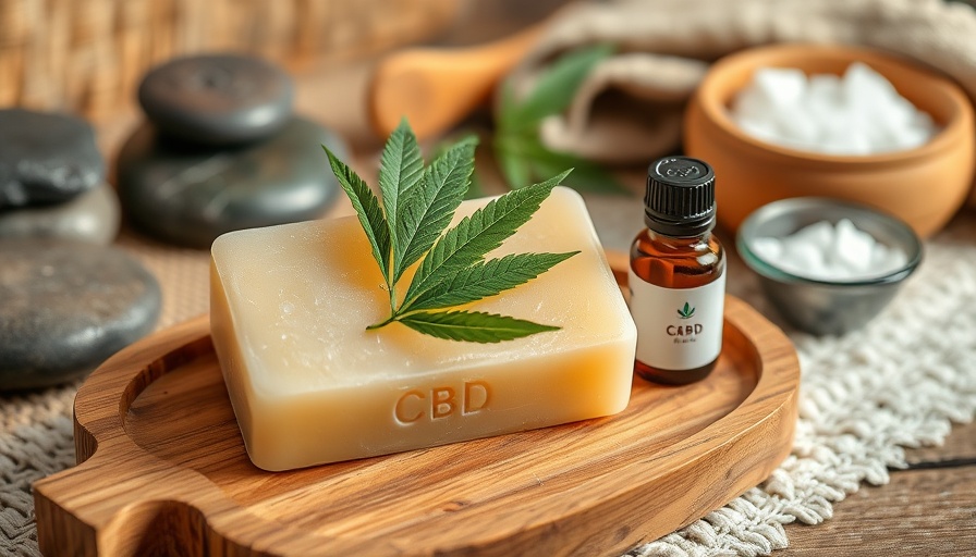 CBD soap benefits showcased with spa elements in natural setting.