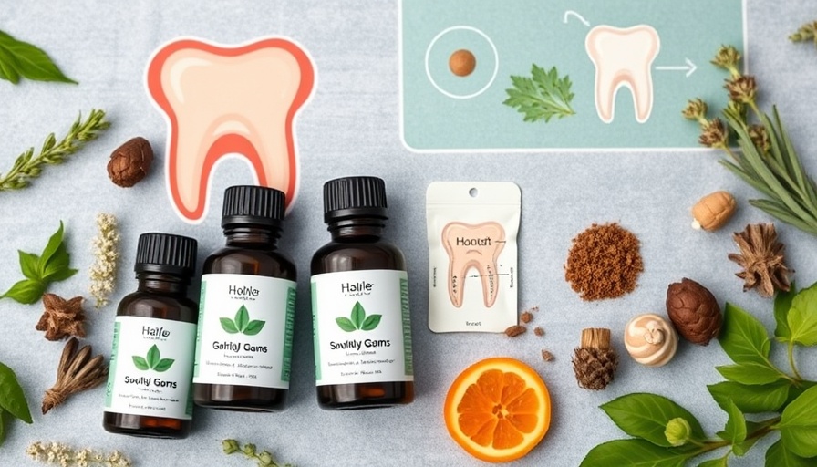 Essential oils for swollen gums flat lay with herbs and dental items.