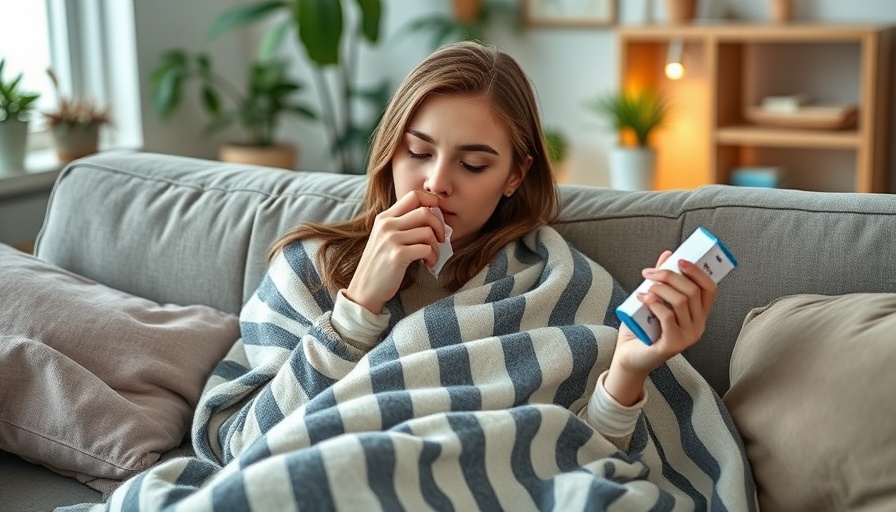 Woman on couch with medicine, immune support for cold.
