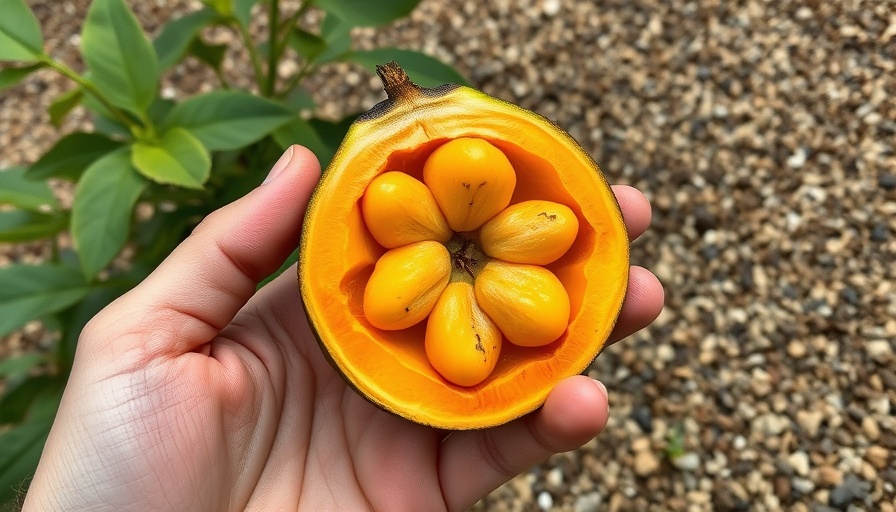 Hand holding open Carao fruit showing vibrant orange flesh.