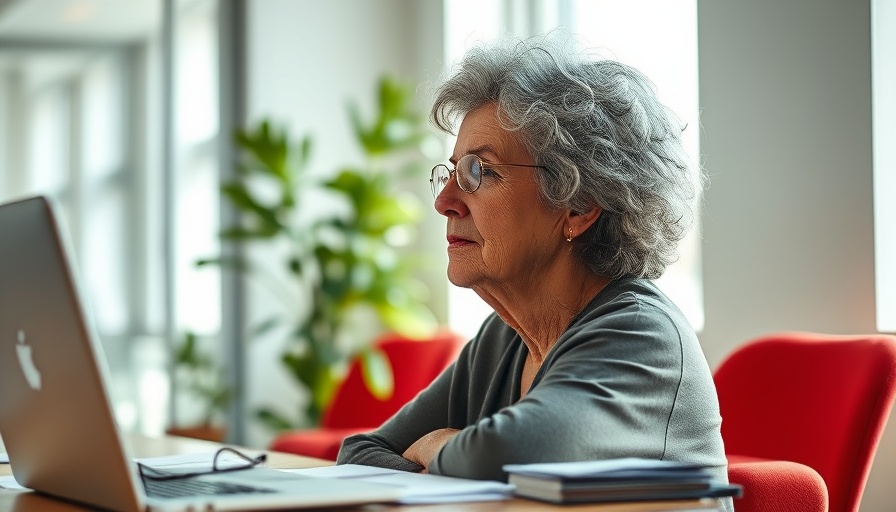 Older woman considering menopause and mental health in an office.