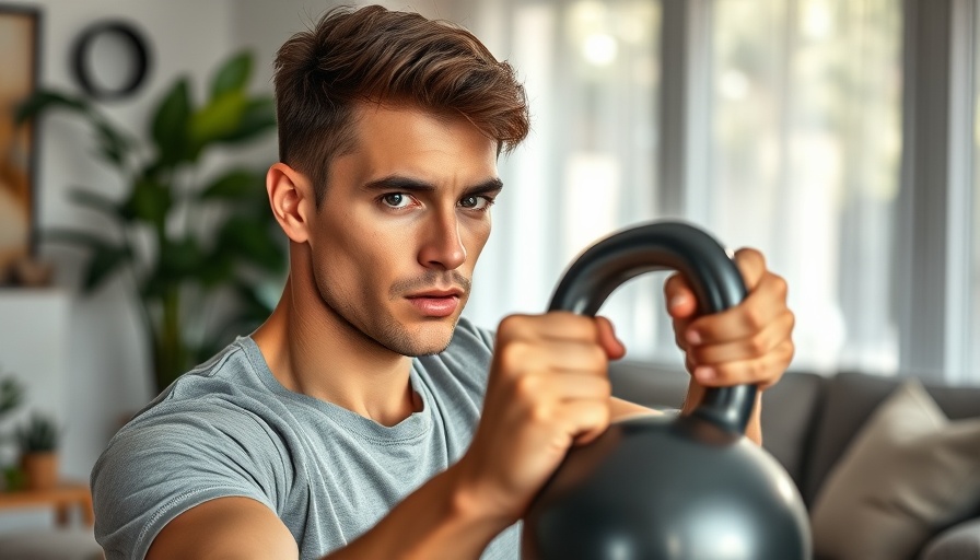 Focused man lifting kettlebell at home to overcome barriers to better health.