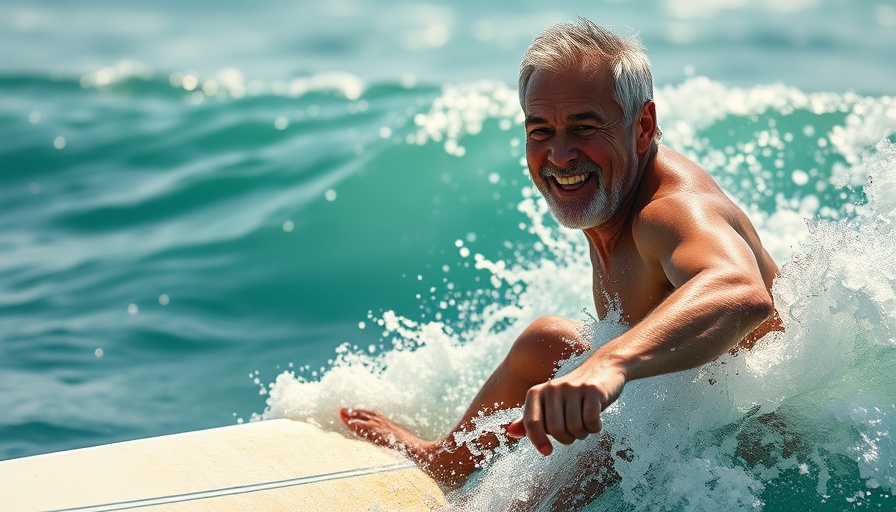 Older man surfing energetically to optimize testosterone naturally.