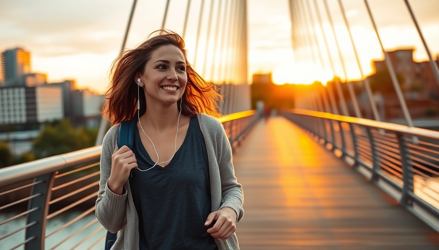 Smiling woman walking on bridge at sunset, embracing body neutrality and health.