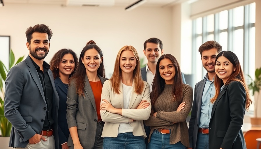 Diverse group of professionals in a modern office, smiling confidently, referral network for health coaches.