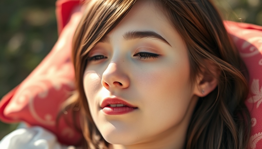 Serene young woman relaxing outdoors, warm natural lighting.