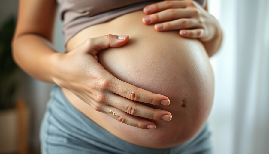 Pregnant woman holding belly, symbolizing care.