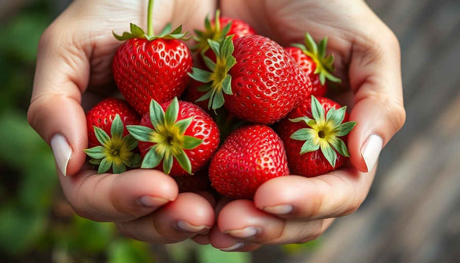 Hands holding fresh strawberries, promoting 'Eat More Produce'.