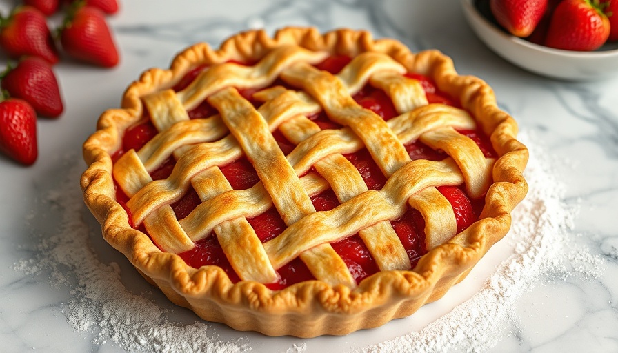 Rustic lattice strawberry pie on a marble surface.