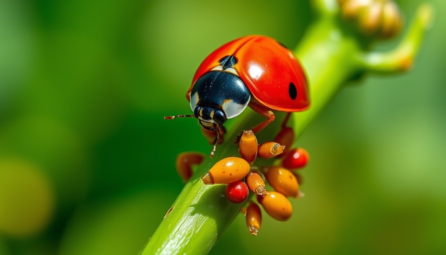 Ladybug eating aphids on plant stem, natural aphid removal.