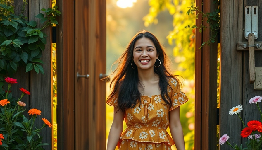 Smiling woman walking through a rustic garden gate with colorful flowers and greenery.