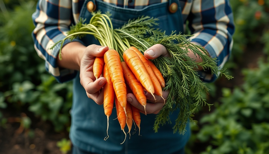 Gardener with freshly harvested carrots in natural garden lighting.