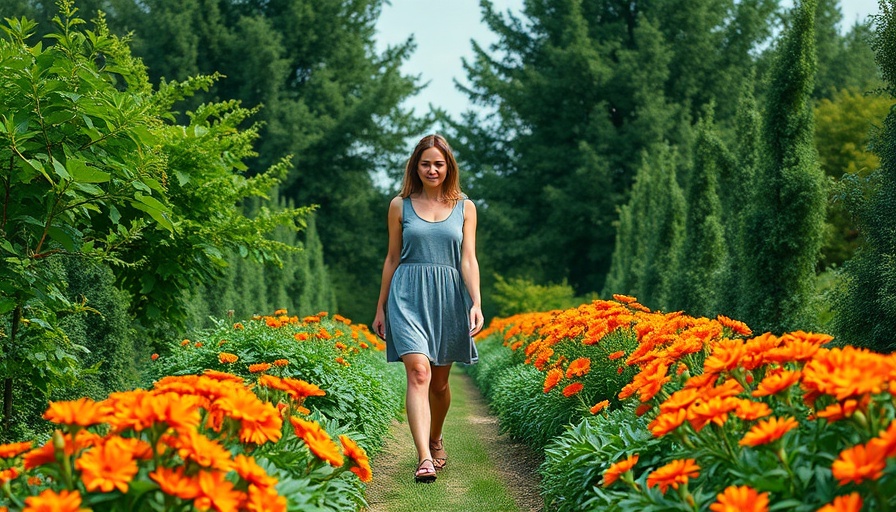 Woman walking in a vibrant vegetable garden with orange flowers