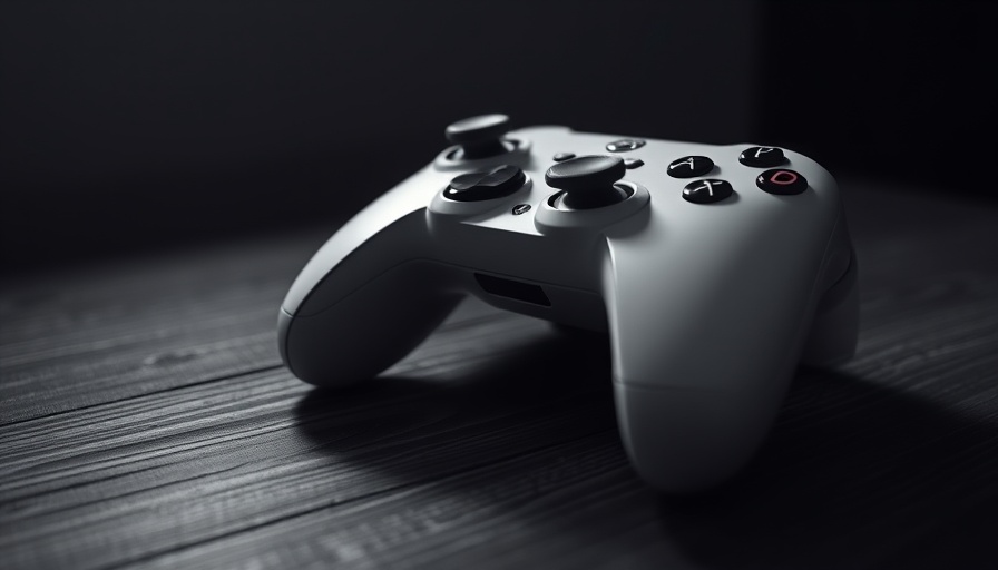 White gaming controller on dark wood, low-key lighting.