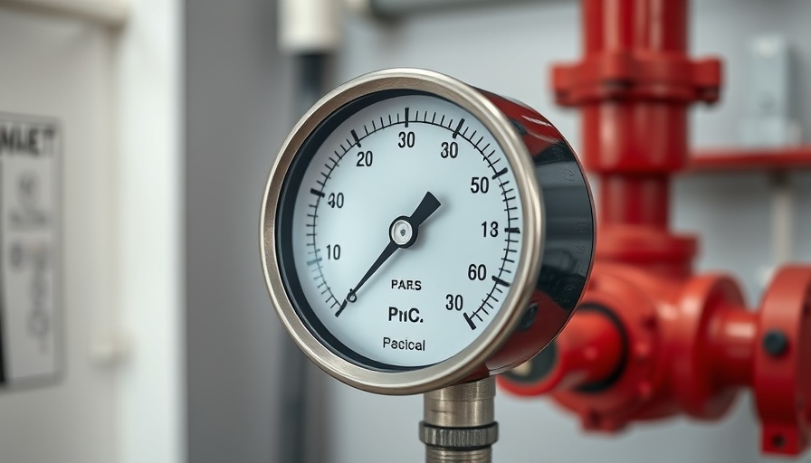 Analog pressure gauge on red pipe indicating low water pressure.