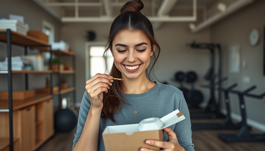 Young woman enjoying a meal on a yoga mat in a studio.