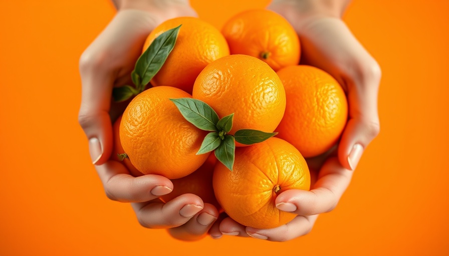 Fresh oranges held in hands with vibrant orange background.