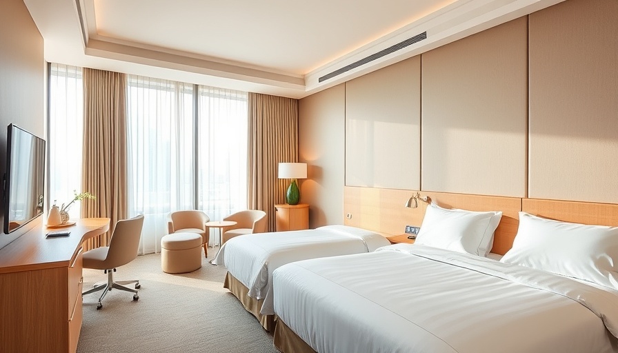 Modern hotel room with twin beds, elegant decor, soft lighting.