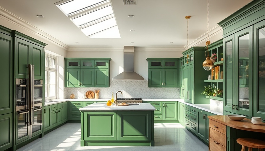 Modern kitchen with skylight highlighting green cabinets and island.