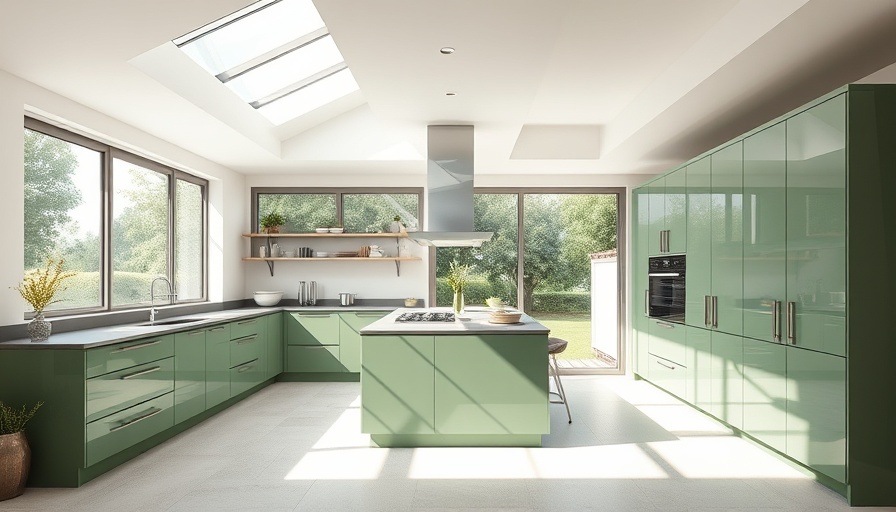Scaffolding Not Removed: Modern kitchen with green cabinets and skylight.