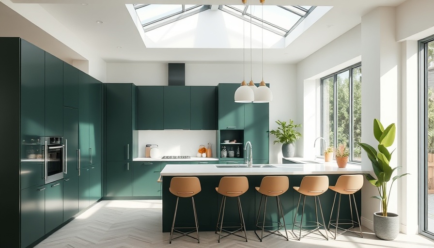 Modern kitchen with green cabinets and skylight design.