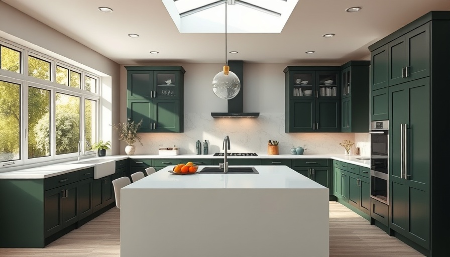 Modern kitchen with green cabinets and island under skylight.