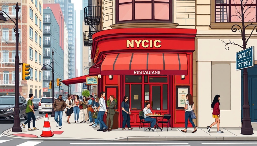 Charming NYC street corner illustration with a red restaurant.