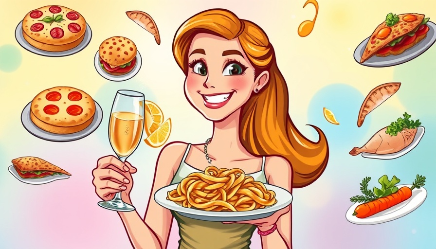 Colorful illustration of a woman with foods like pizza and sandwiches.