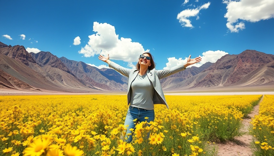 Joyful person camping in Death Valley tips, surrounded by wildflowers.