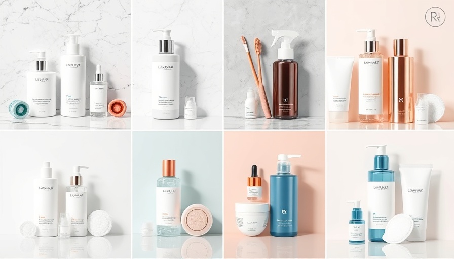 Collage of accessible personal hygiene items, lotion, soap, brush, and toothbrush.