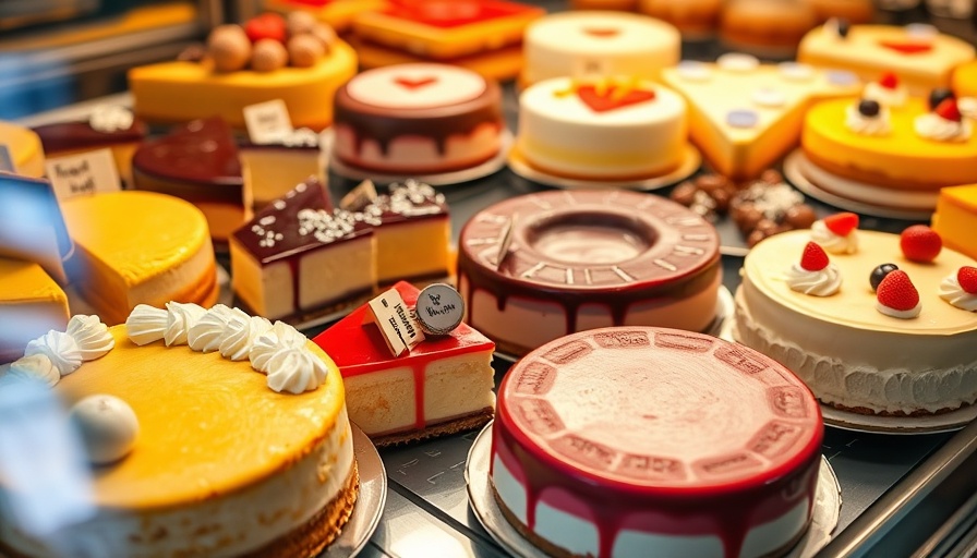 Assorted cheesecakes in a bakery case for Shavuot celebration.