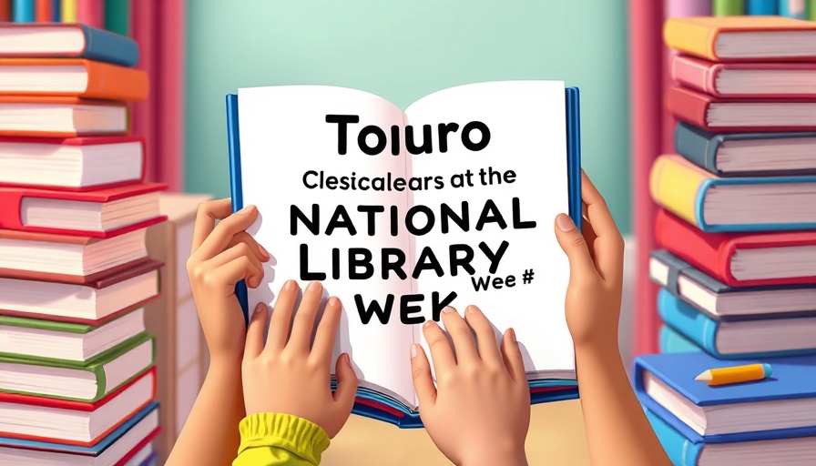 Touro Libraries National Library Week celebration illustration with diverse hands and books.