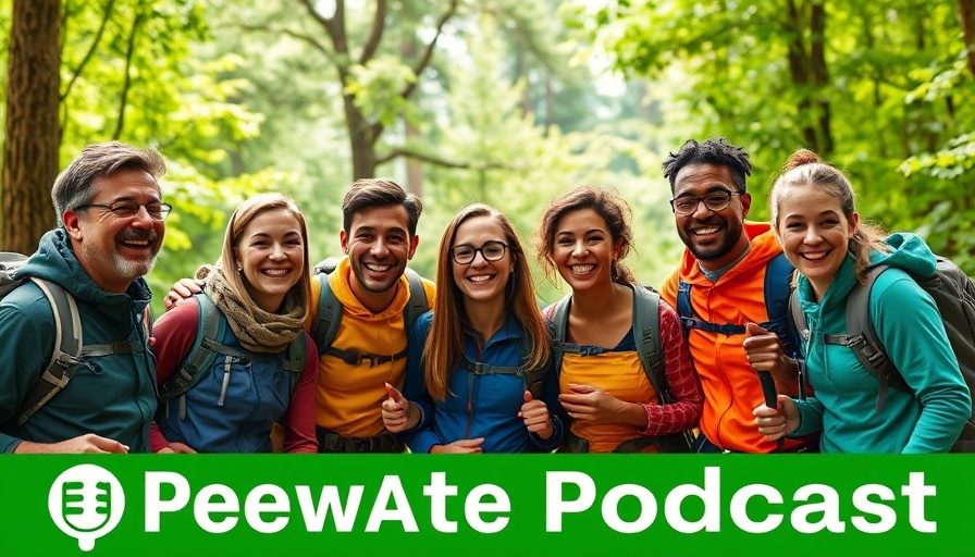 Podcast cover with hikers in vibrant forest setting, find your perfect hiking group.
