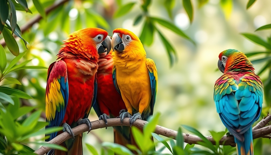 Colorful parrots perched on branch in lush environment, showcasing vibrant feathers.