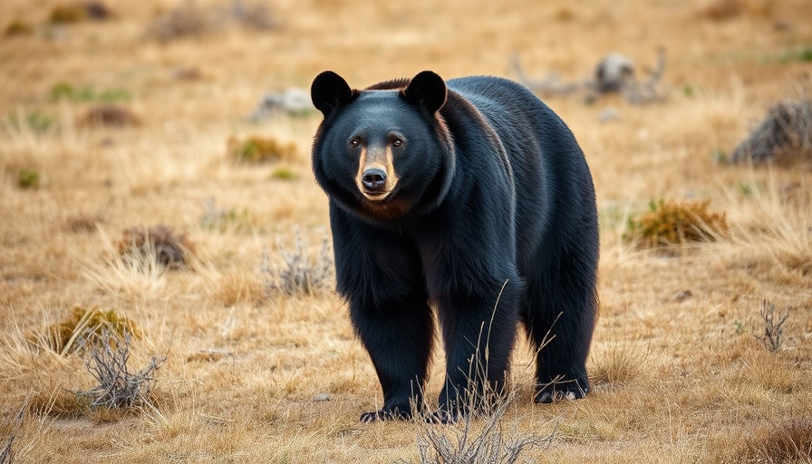 Black bear standing alert in grassy field.