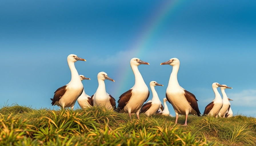 Albatrosses standing under a rainbow with a serene sky.