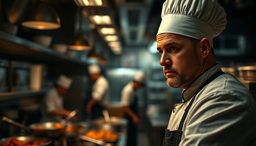 Chef working attentively in a busy kitchen environment.