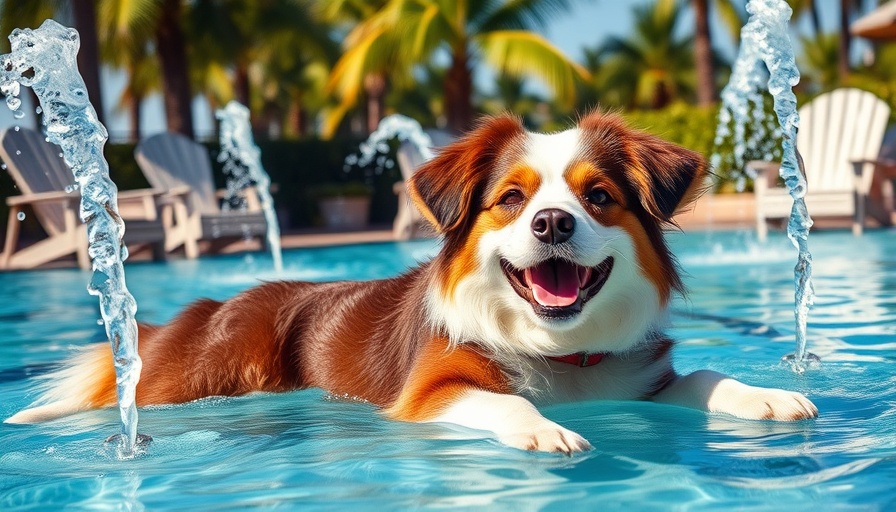 Fluffy dog relaxing by pool at dog friendly resort in West Palm Beach.
