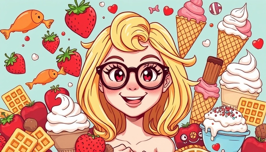 Colorful illustration of sweets and waffle cones around a blonde woman.