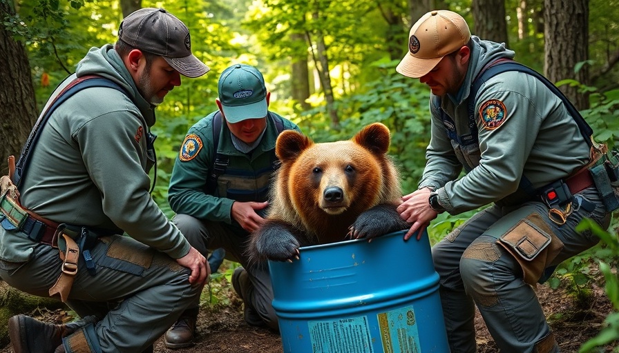Wildlife rescuers assisting bear rescue in Michigan forest.