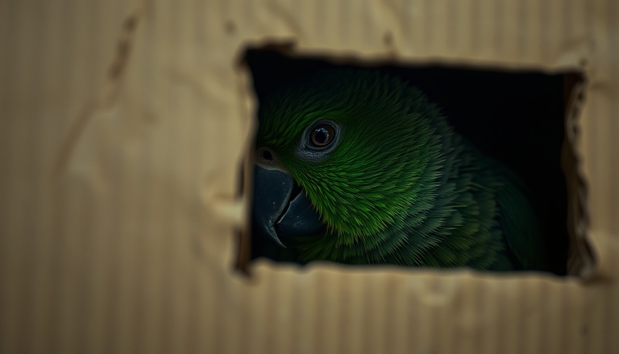 Parrot concealed in a box, highlighting illegal wildlife trafficking in California.
