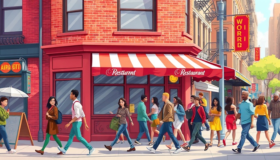 Vibrant cartoon scene of people in front of a NYC restaurant.