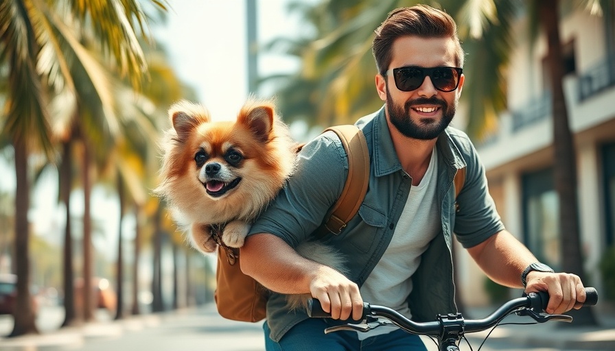 Ryan Reiter and dog on bike adventure under palm trees.