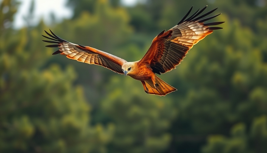 Red kite mid-flight, blurred forest background, Northern Ireland.