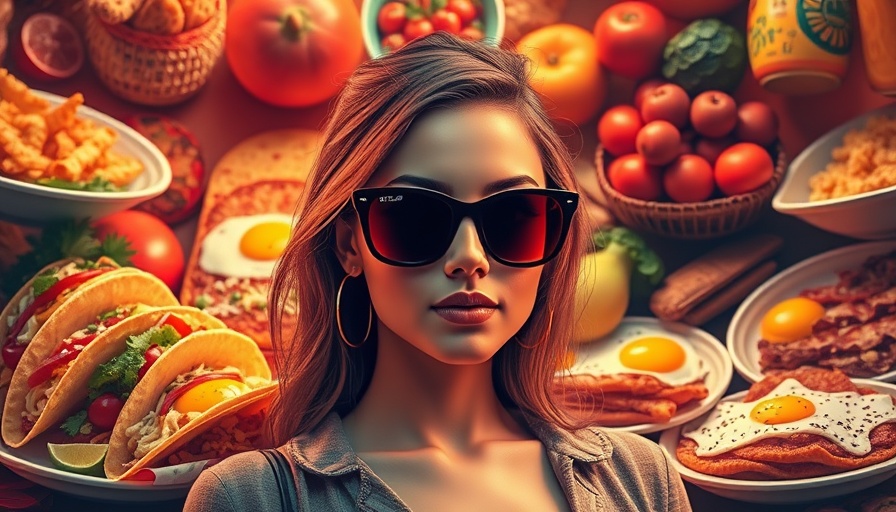 Stylish woman with tacos and food in vibrant digital art.
