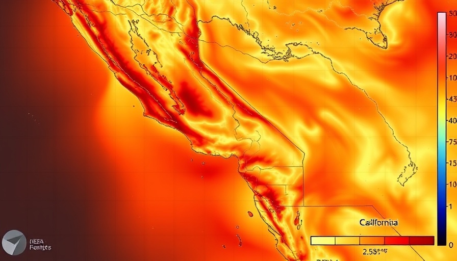 Map showing rising temperatures in California, wildfire risks.
